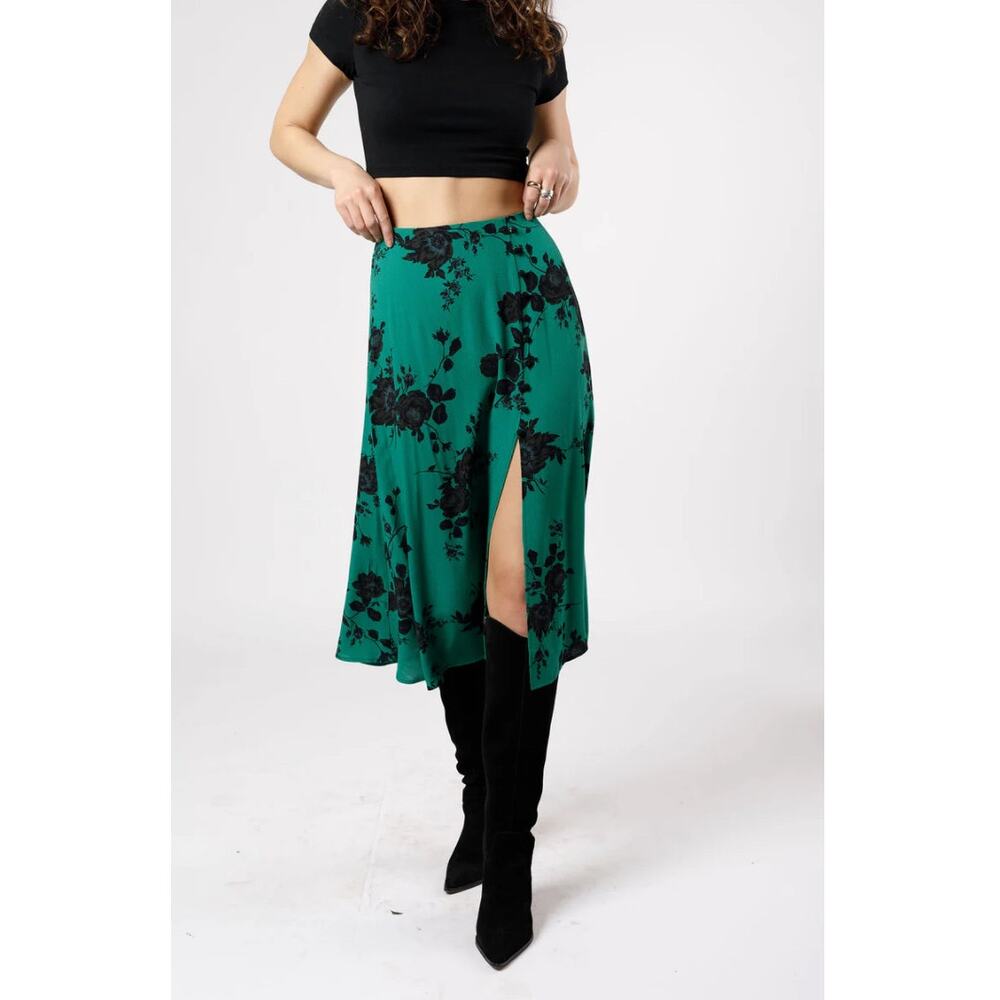 Band of the Free Etta Emerald Floral Midi Skirt Green Black XS Front Slit NEW - Picture 4 of 8